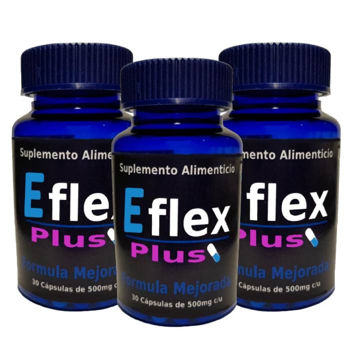 3 frascos de de eflex plus 30 capsulas cada uno, pastilla para el dolor muscular, articular, espolón, espalda, etc